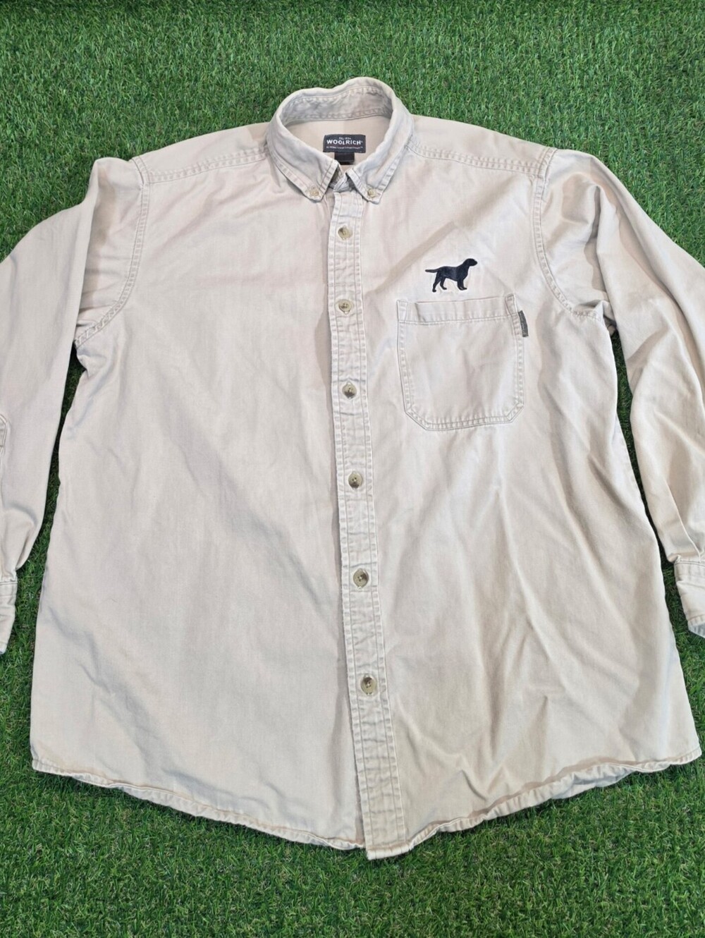Woolrich Men's Beige Button-Down Long Sleeve Shirt with Dog-